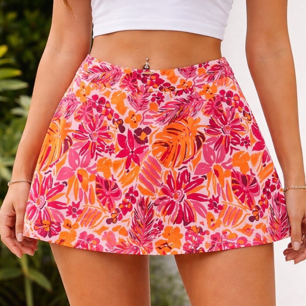 Simply Fit Hawaiian Pink Floral Swimwear Skirt Skort Women's Large Tummy Control